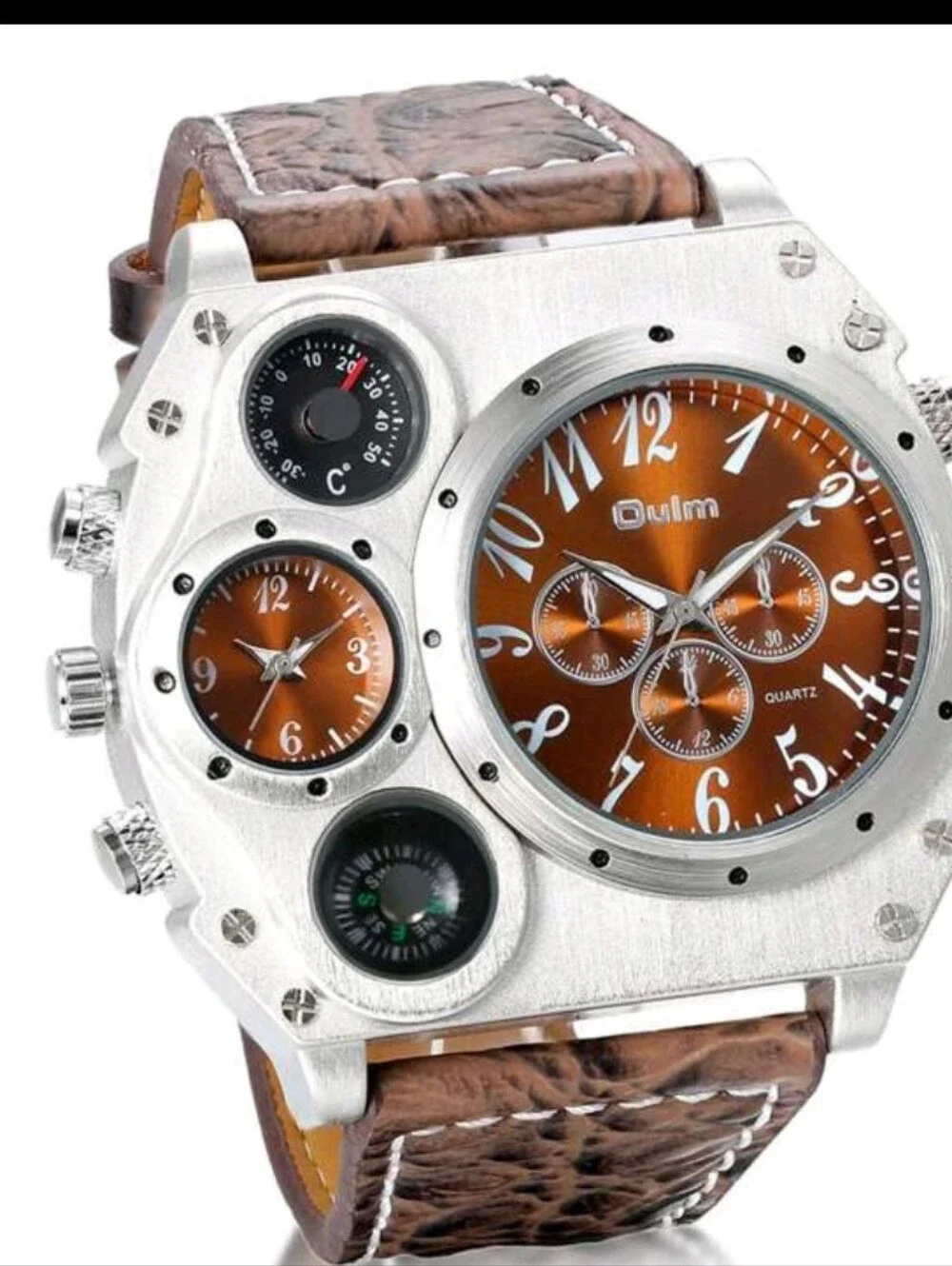 Men's Chunky Multi-Dial Watch with Brown Leather Strap